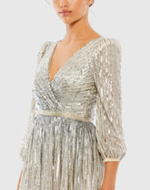 Silver and Beige Sequined Wrap Over 3/4 Sleeve Gown
